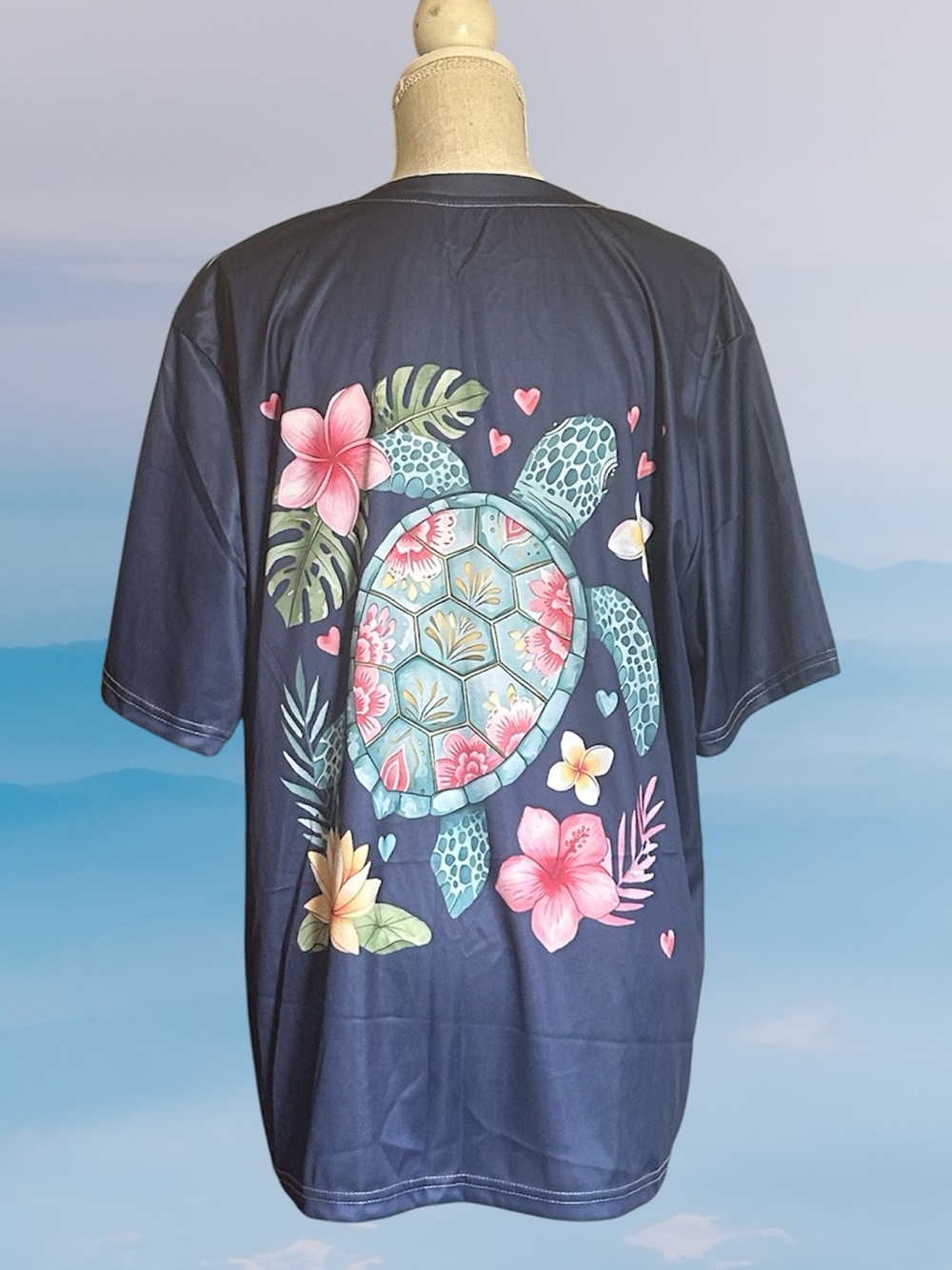 Round Neck Short Sleeve T-Shirt, Navy with Multi-Color Floral & Turtle Design 2X
